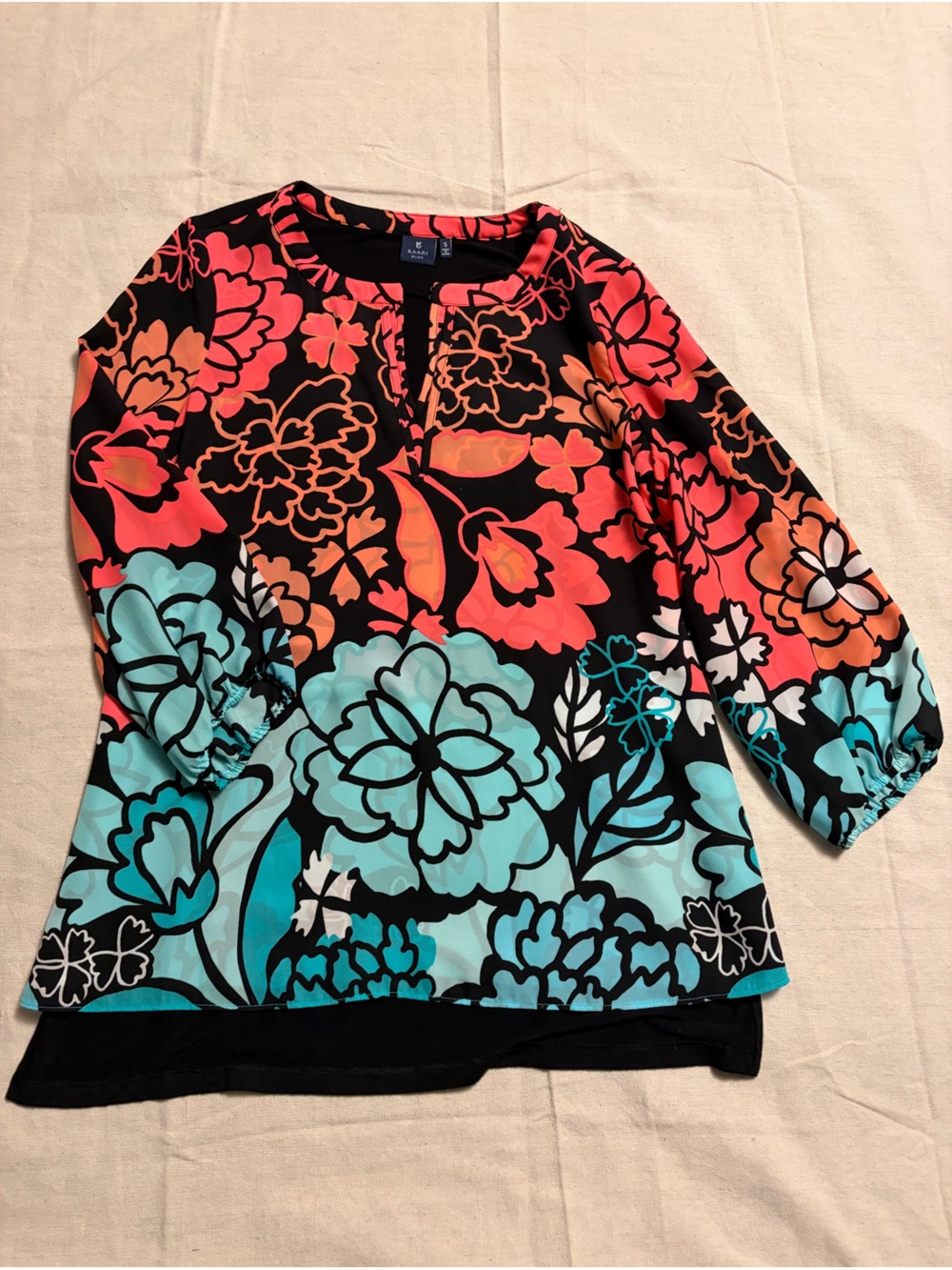 Kaari Blue Women’s Neon Floral Print Tunic - Aqua & Coral on Black